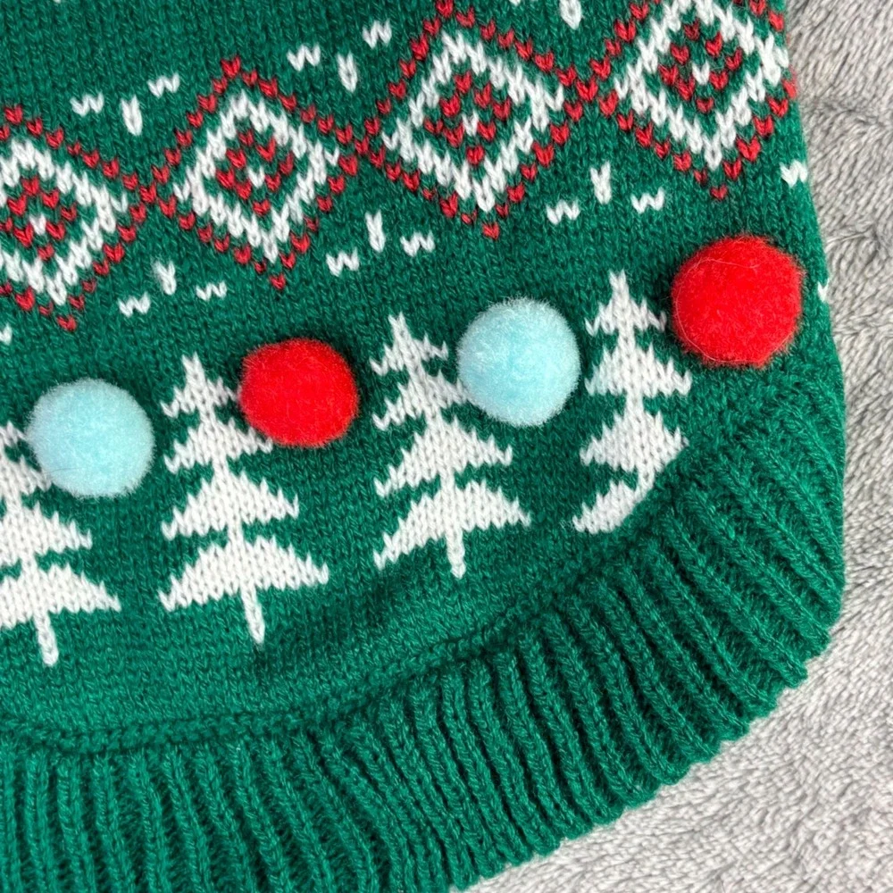 Merry & Bright Holiday Pet Sweater M/L Green Naughty Nice Not Today Pom Pom Knit